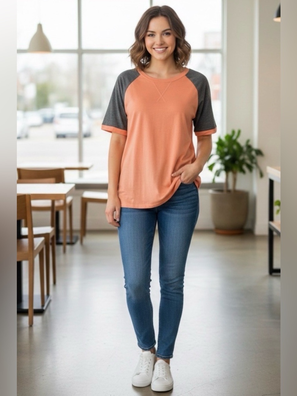 Plus Size Short Sleeve Raglan Baseball Tee Orange Grey Soft 2X